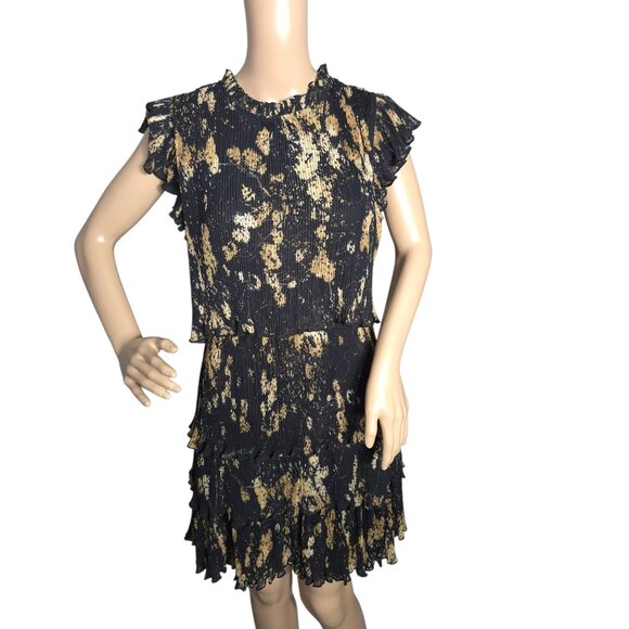 AllSaints Dress Womens US 6 Black Gold Anthea Dusty Ruffle Pleated Sheer NWT - Picture 1 of 12